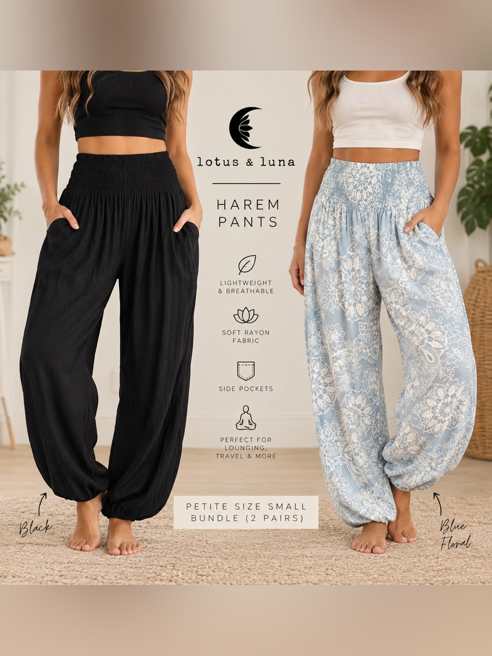 Lotus & Luna Harem Pants Bundle 2 Pc Petite Small Black Blue Floral